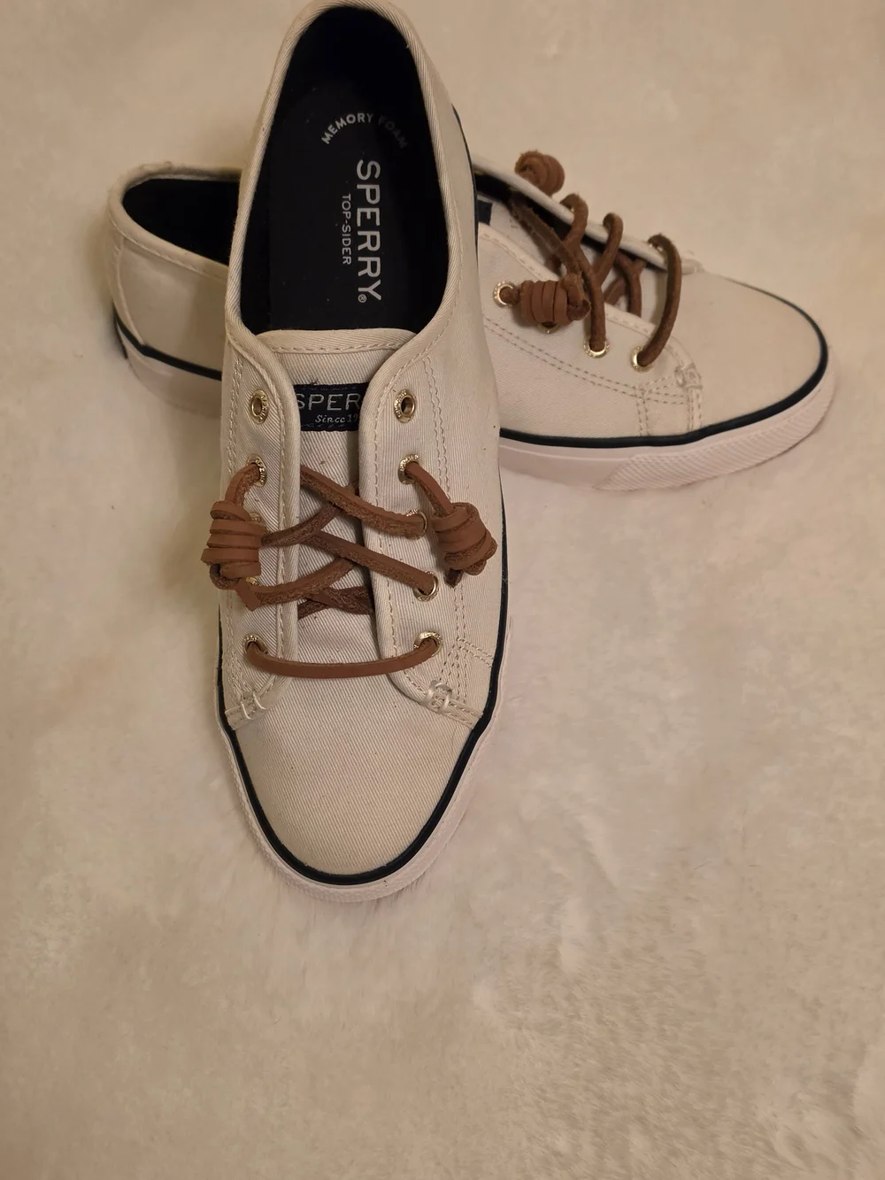 Sperry Top Sider Women's Cream Canvas Boat Shoes with Brown Laces.